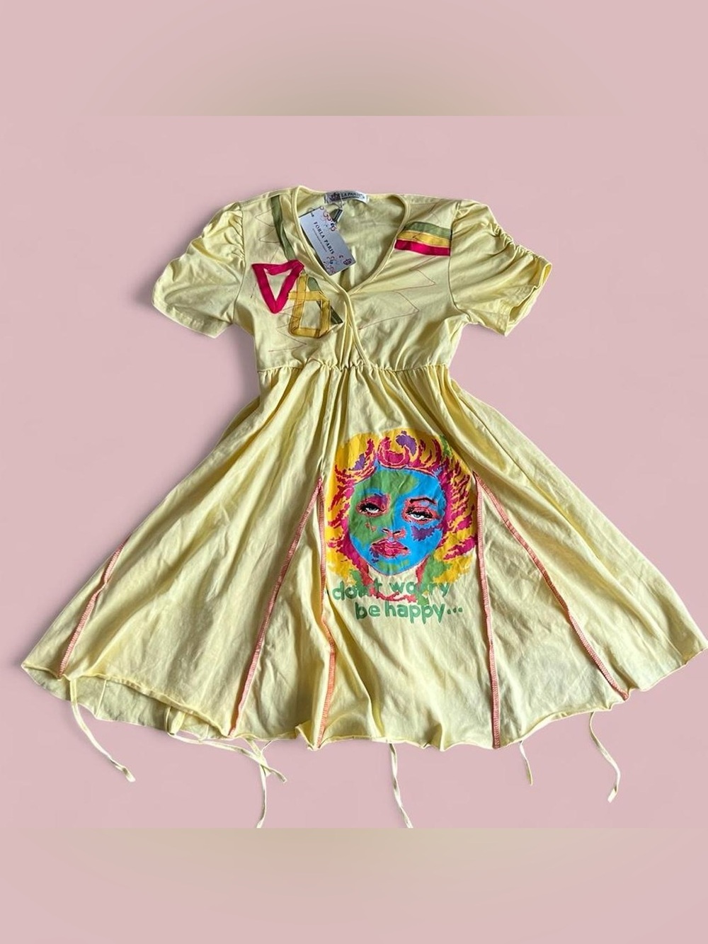 NWT Y2K 2000s Retro 80s pop art Inspired Forla Paris yellow dress funky graphic